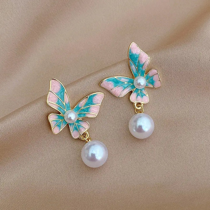 Gradient Blue Butterfly Pearl Drop Earrings