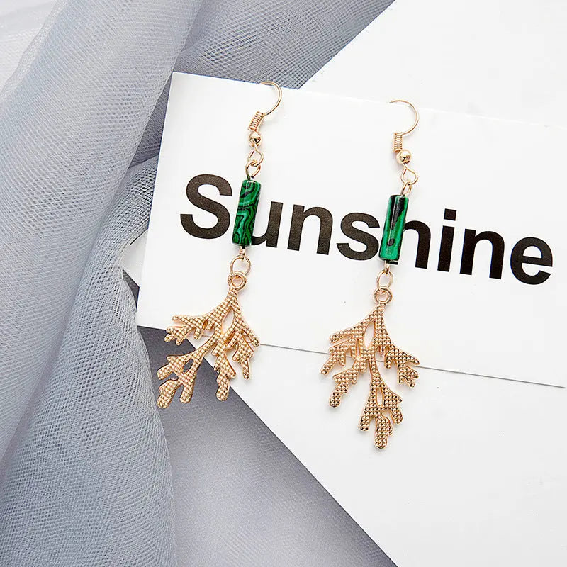 Green Emerald Stone Gold Tree Hanging Drop Earrings