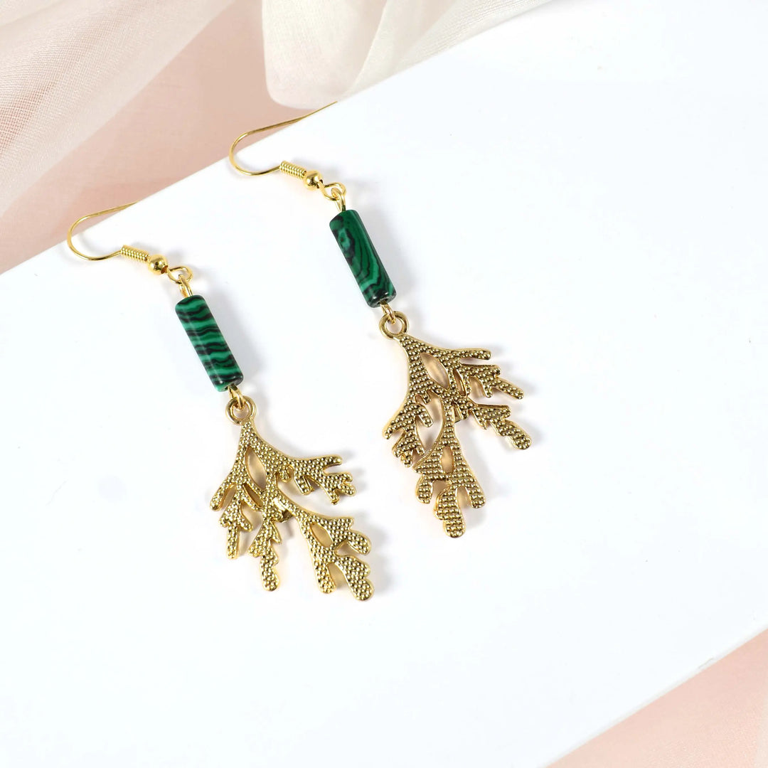 Green Emerald Stone Gold Tree Hanging Drop Earrings