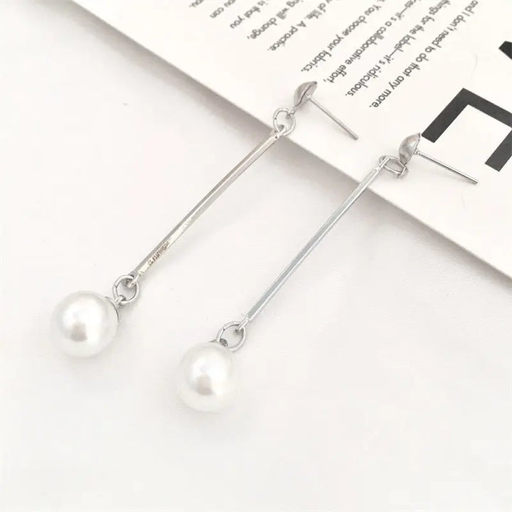 Pearl Long Tassel Bar Drop Earring - Silver