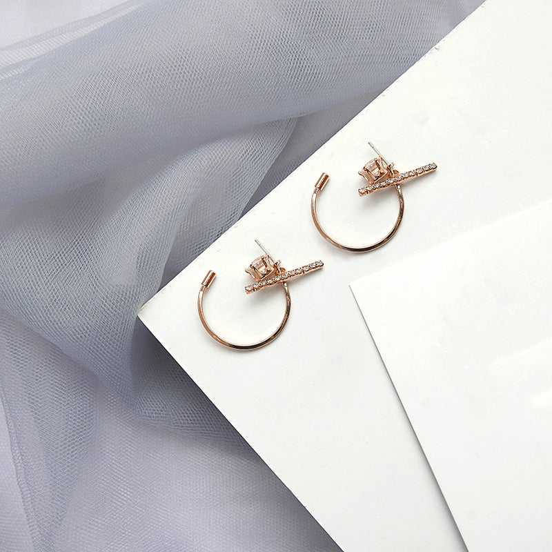 Half Cut Zircon Studded Line Hoop Stud Earrings