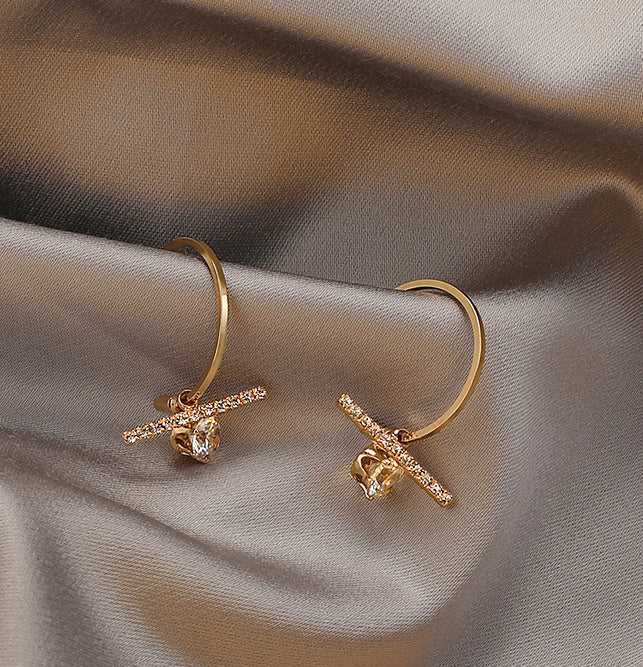 Half Cut Zircon Studded Line Hoop Stud Earrings