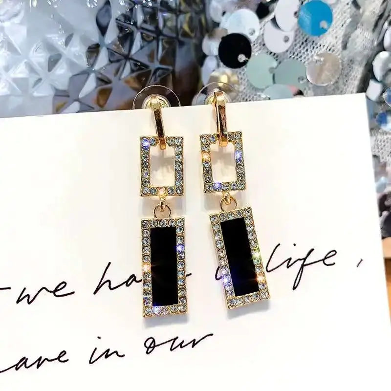 Double rectangle crystal border black golden earrings