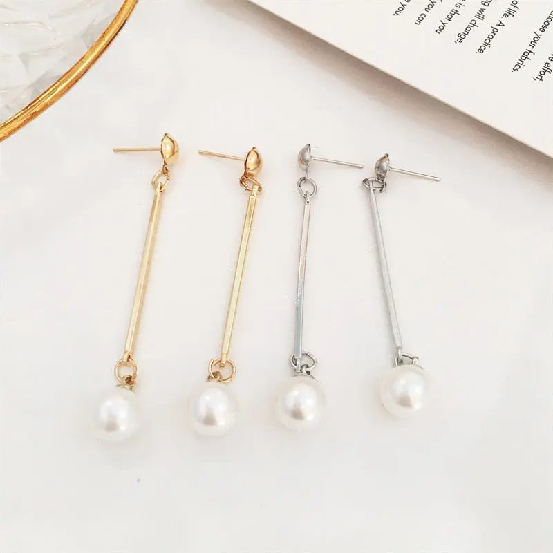 Pearl Long Tassel Bar Drop Earring - Gold