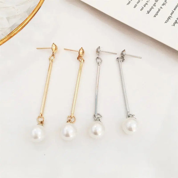 Pearl Long Tassel Bar Drop Earring - Silver