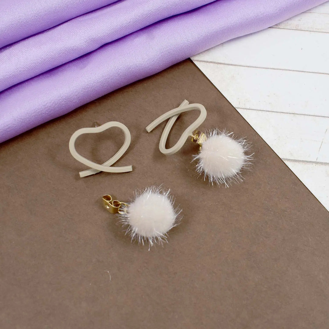 Heart and fluffy ball acrylic earrings