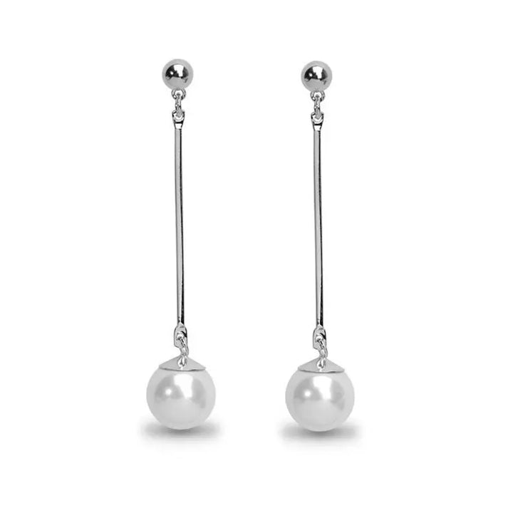 Pearl Long Tassel Bar Drop Earring - Silver