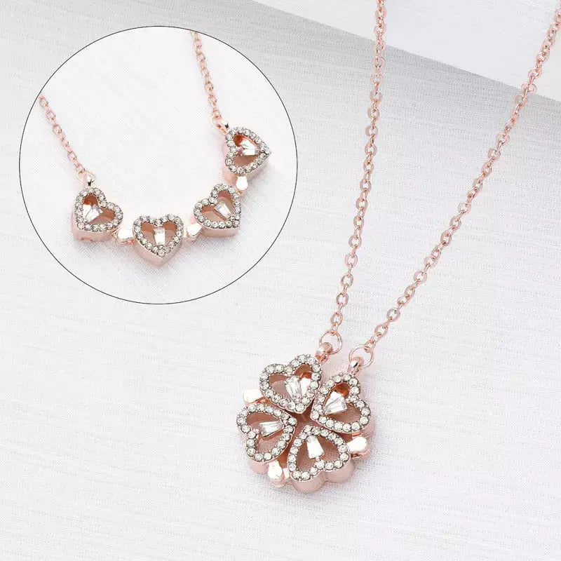 Hyacinth 4-pcs Zircon Heart Magnetic Clover Necklace - Rose Gold