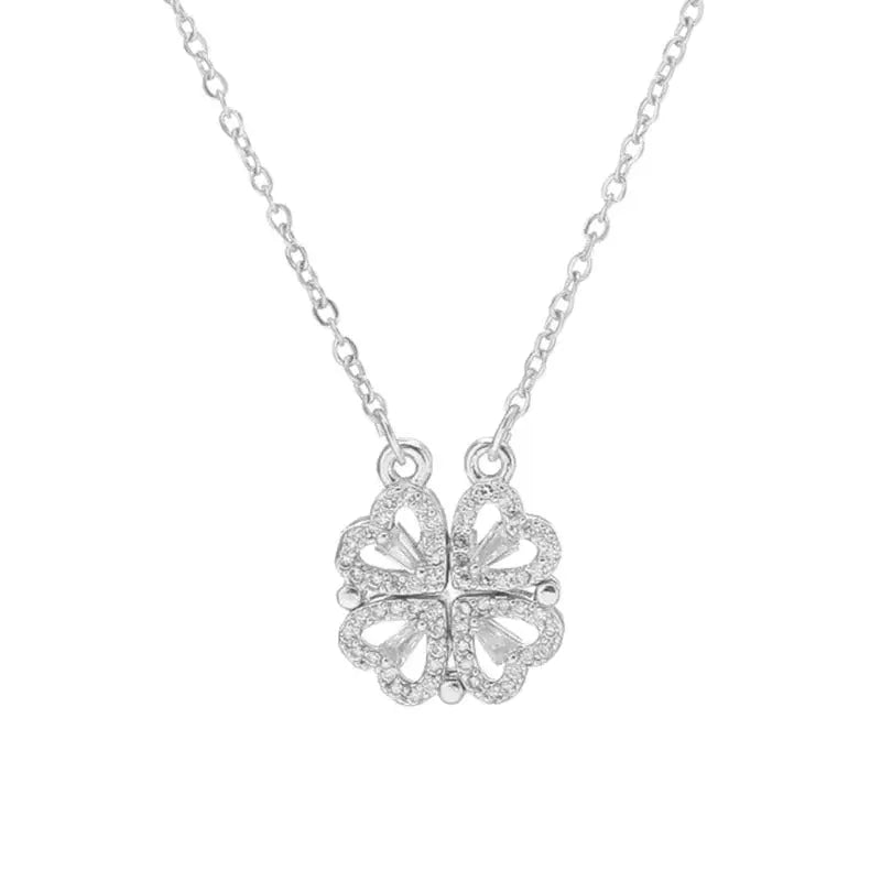 Hyacinth 4-pcs Zircon Heart Magnetic Clover Necklace - Silver