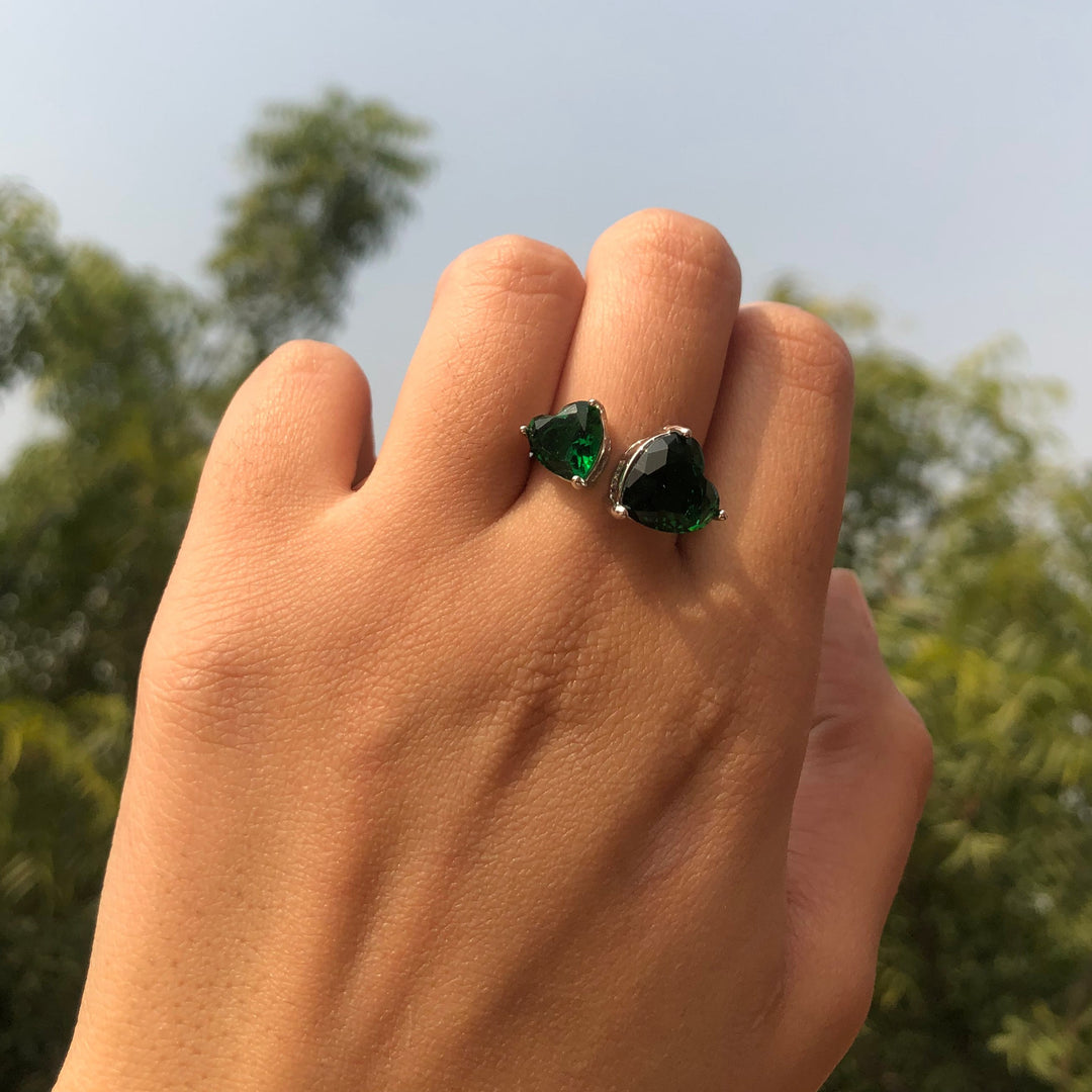 Emerald Double Heart Kylie Love Ring - Silver