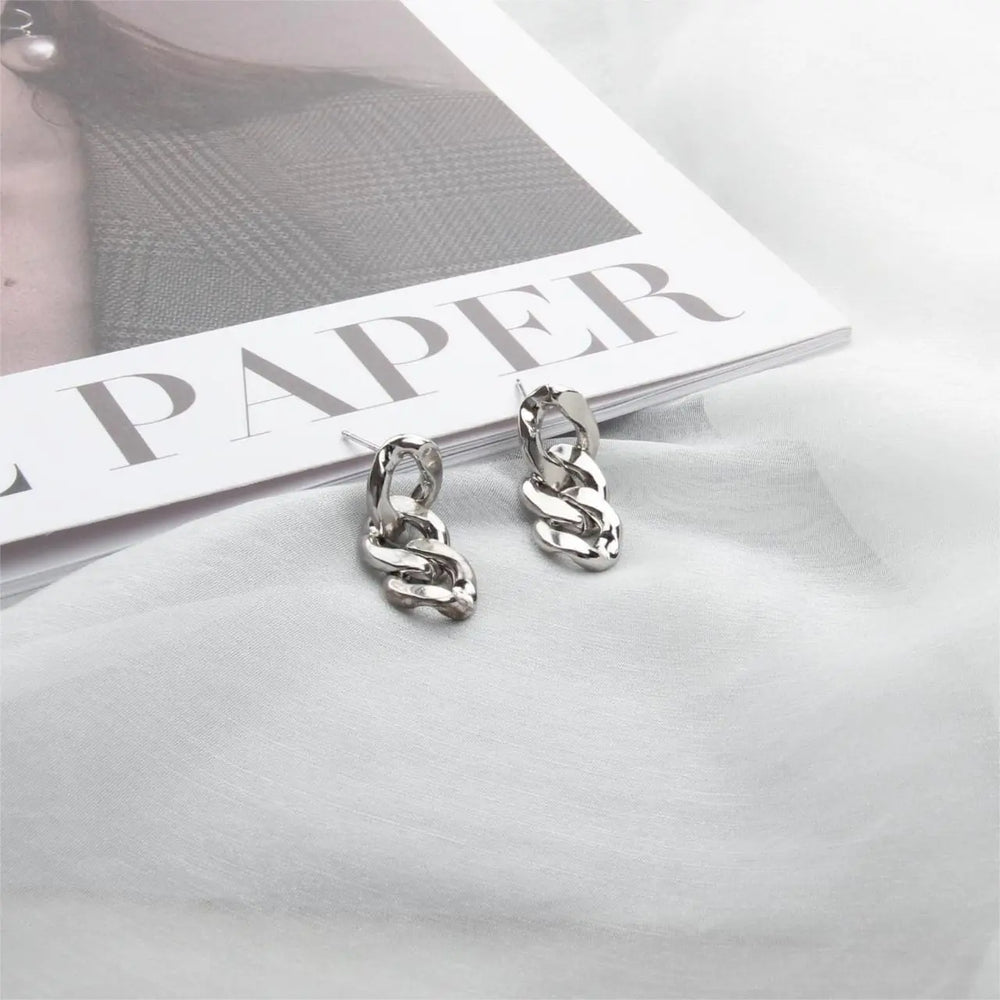 Interlinked Chain Minimalist Drop Earrings - Silver