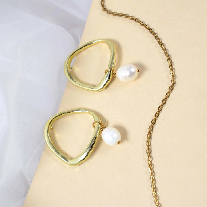 Irregular Round Gold Pearl Drop Earrings