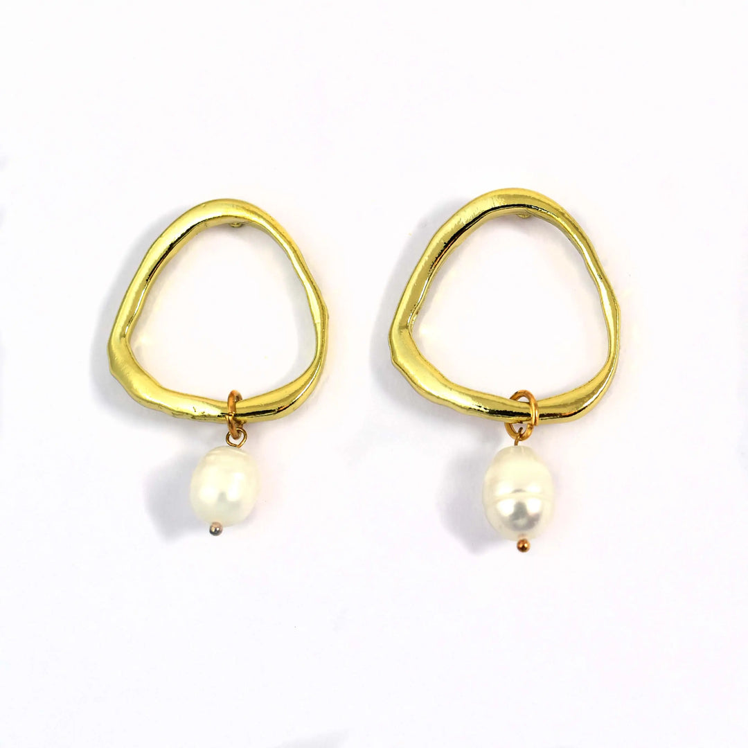 Irregular Round Gold Pearl Drop Earrings