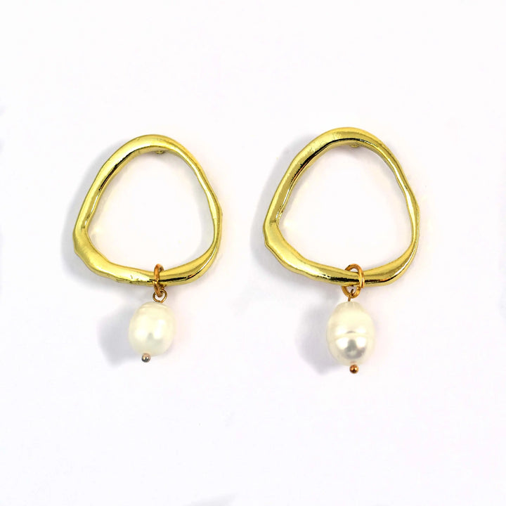 Irregular Round Gold Pearl Drop Earrings