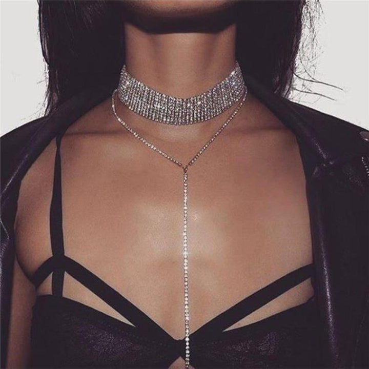 Layered Rhinestone Choker V-line Necklace