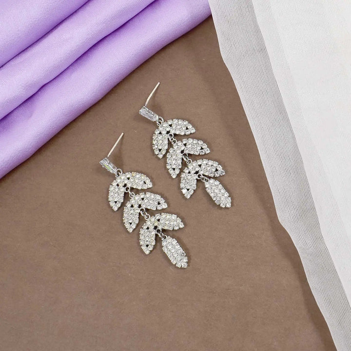 Layered Luxury Diamond Drop Leaf Earrings - Silver