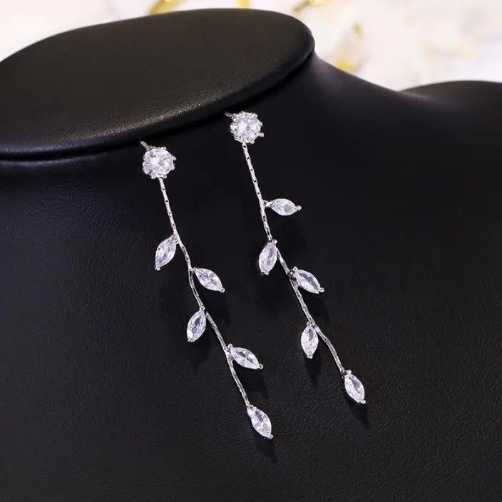 Long Crystal Zirconia Leaf Tassel Drop Earrings Silver