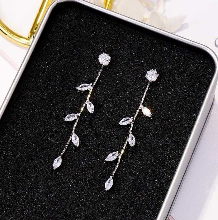Long Crystal Zirconia Leaf Tassel Drop Earrings Silver