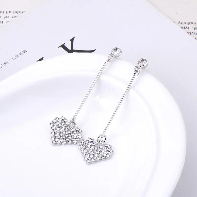 Long Drop Silver Heart Earrings