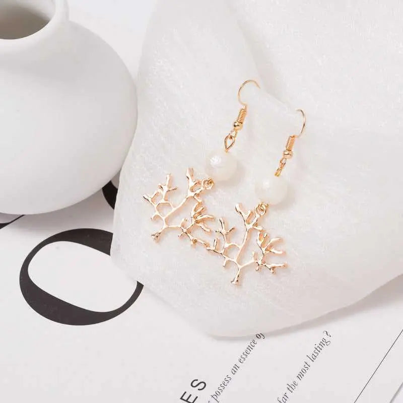 Long Pearl Gold Textured Tree Drop Earrings