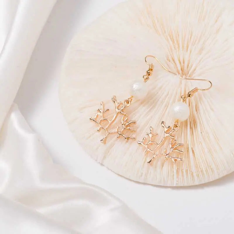 Long Pearl Gold Textured Tree Drop Earrings