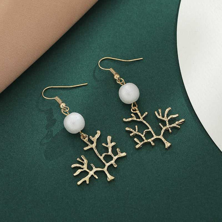 Long Pearl Gold Textured Tree Drop Earrings