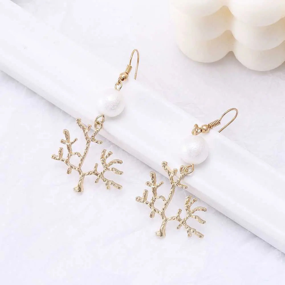 Long Pearl Gold Textured Tree Drop Earrings
