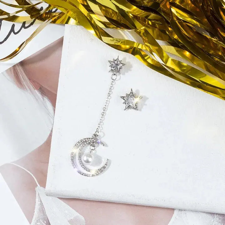 Mis Match Pearls Star And Moon Earrings
