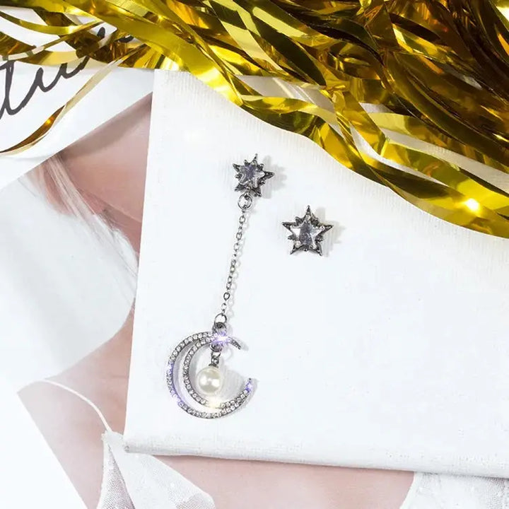 Mis Match Pearls Star And Moon Earrings