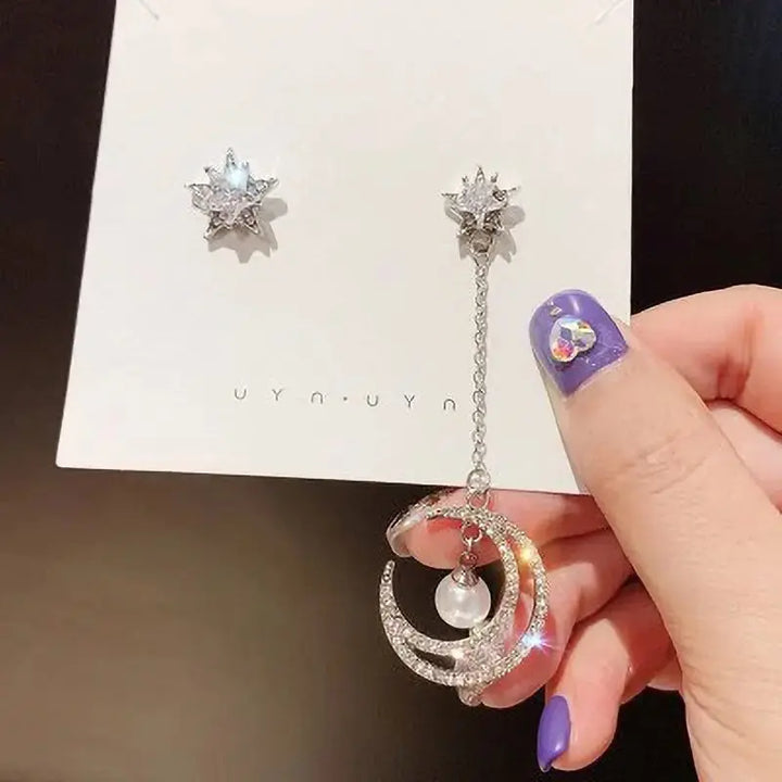 Mis Match Pearls Star And Moon Earrings
