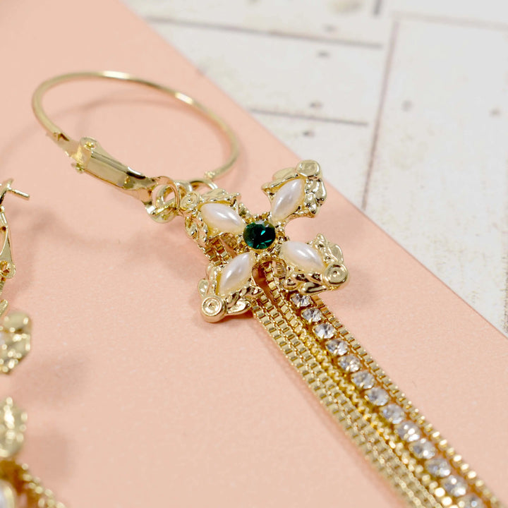 Mismatch flower charm golden pearl chain tassel earring