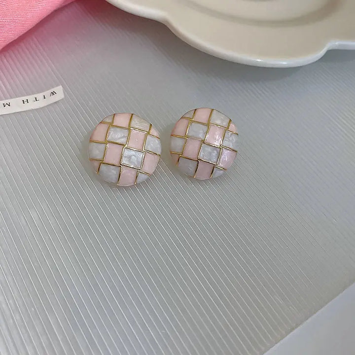 Mosaic Pink White Checker Round Stud Earrings