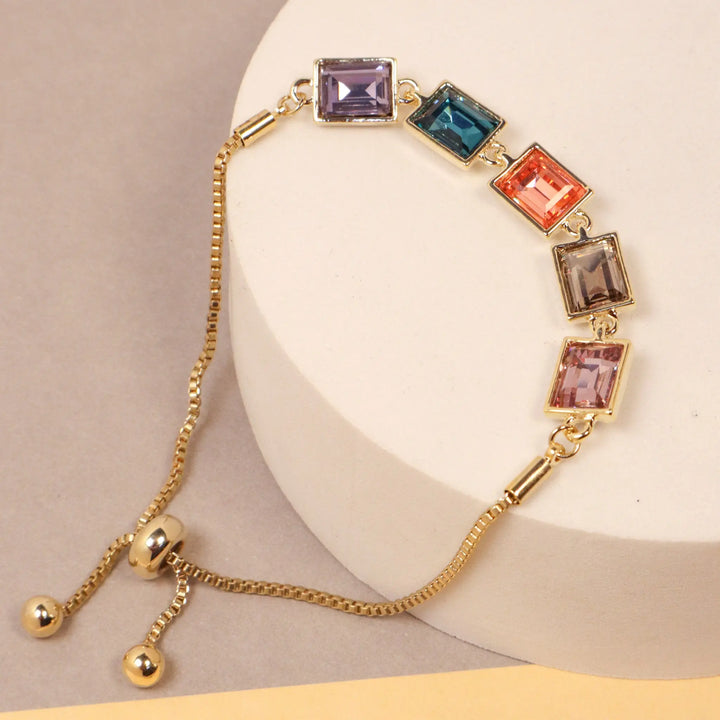 Multi Colour Glass Crystal Bracelet - Gold