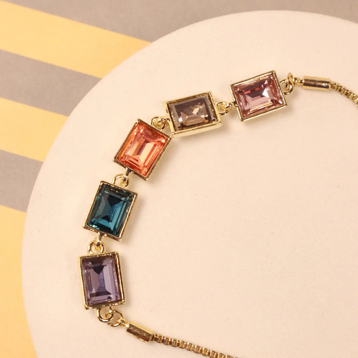 Multi Colour Glass Crystal Bracelet - Gold