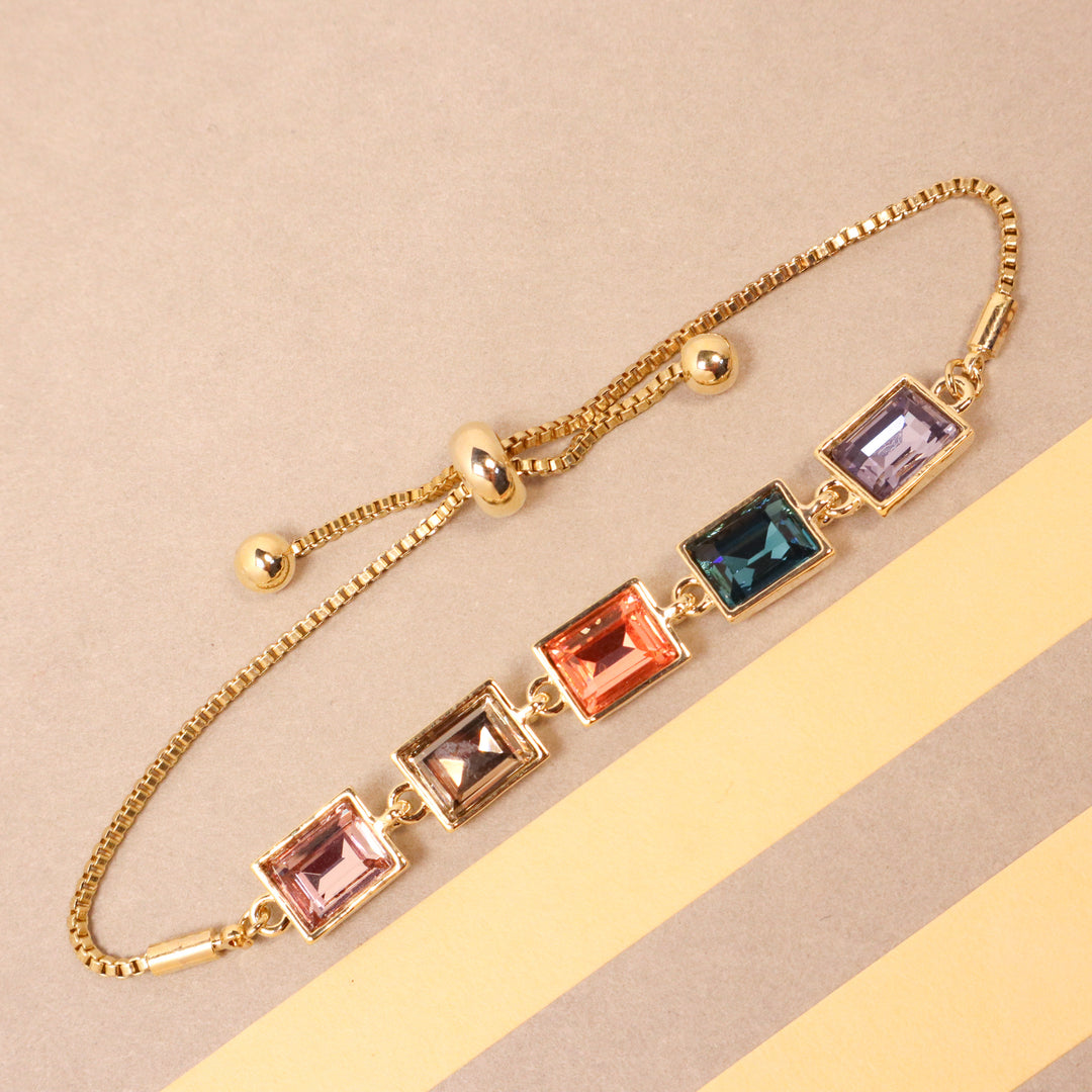 Multi Colour Glass Crystal Bracelet - Gold