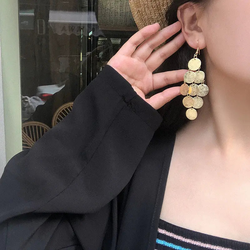 Nightclub Exaggerated Tassel Frosted Disc Gold Earrings