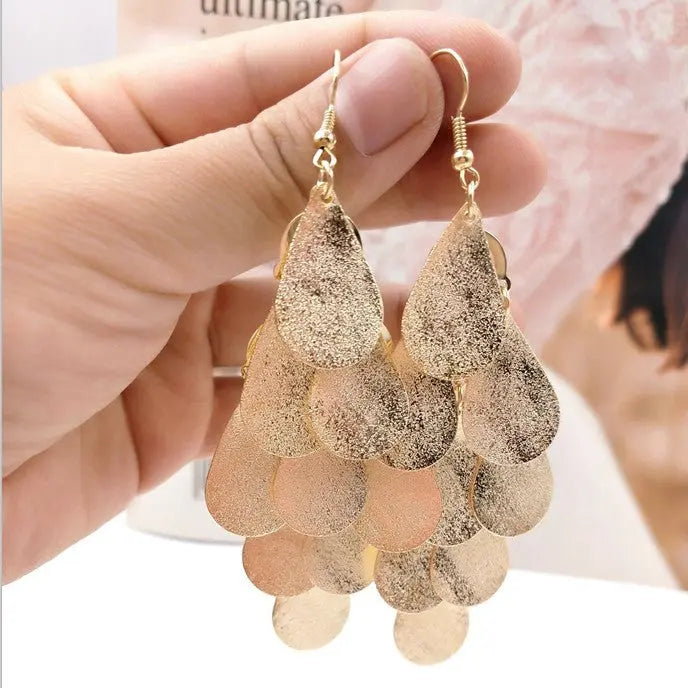 Nightclub Exaggerated Tassel Frosted Disc Gold Earrings