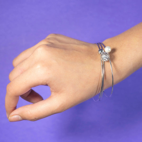 Pearl Ball Bangle Silver (Set of 3)