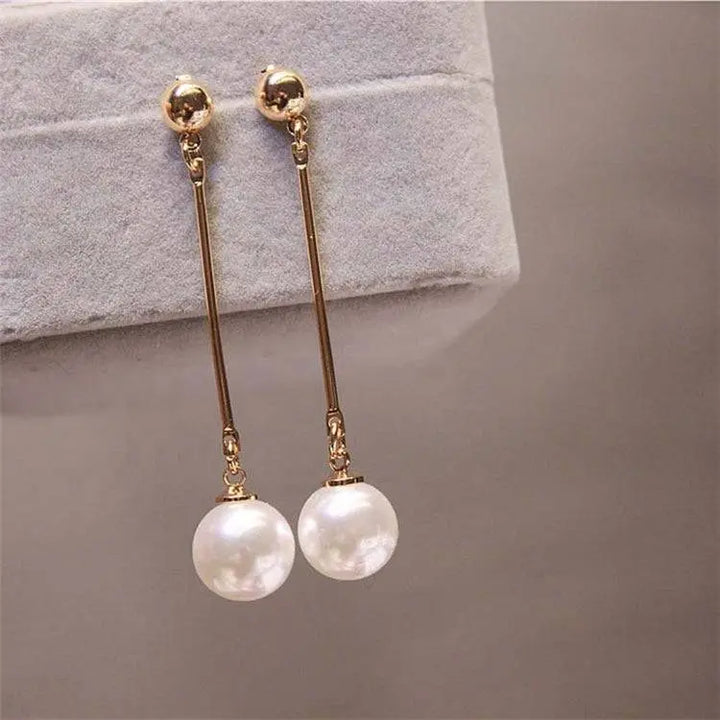 Pearl Long Tassel Bar Drop Earring - Gold