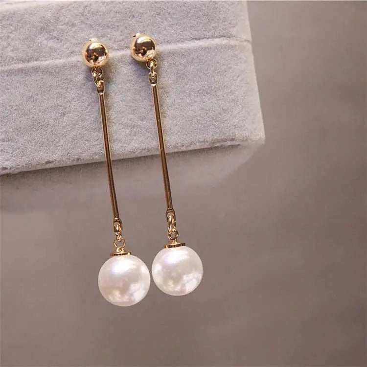 Pearl Long Tassel Bar Drop Earring - Silver