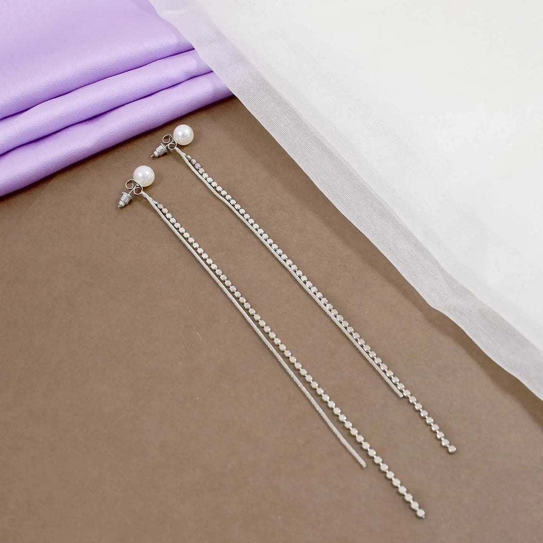 Pearl bead double silver chain long tassel earrings