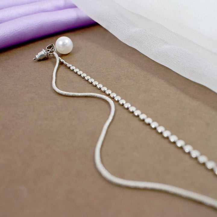 Pearl bead double silver chain long tassel earrings