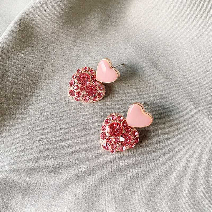 Pink Double Heart Studded Drop In Trend Studs