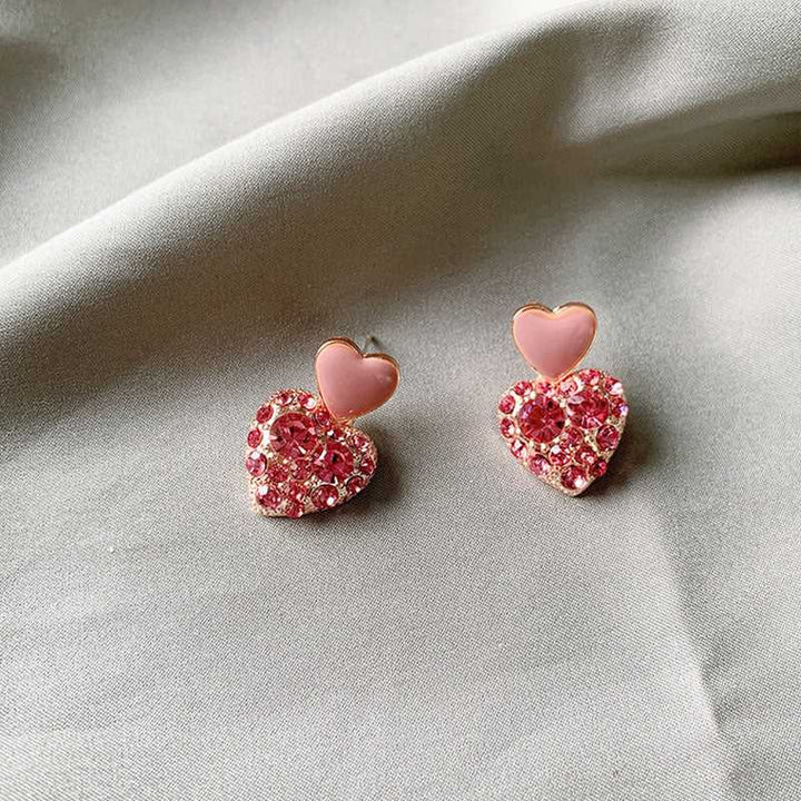 Pink Double Heart Studded Drop In Trend Studs