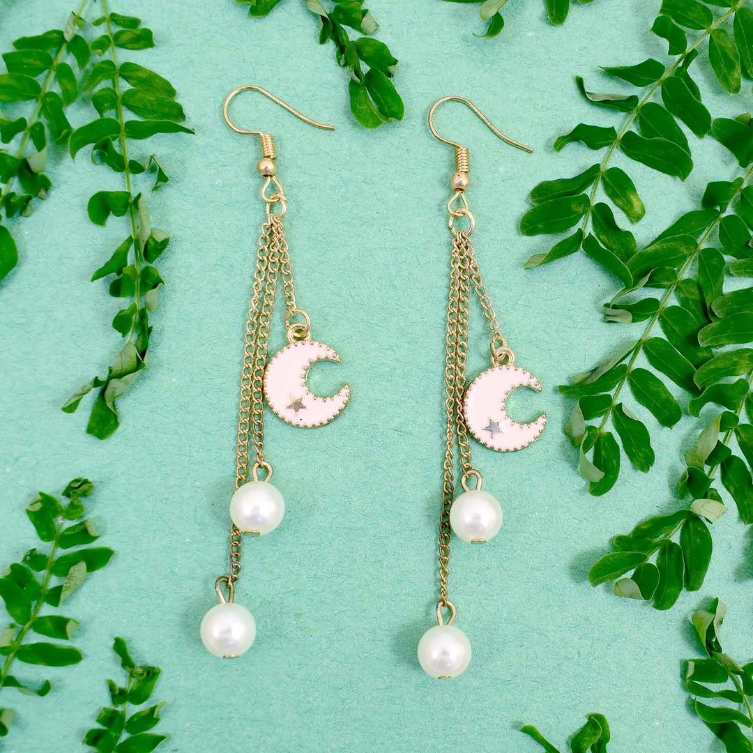 Pink Moon And Pearl Tassel Earring