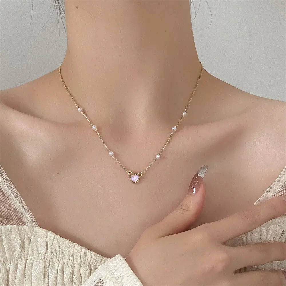 Pretty Pink Heart And Pearl Necklace