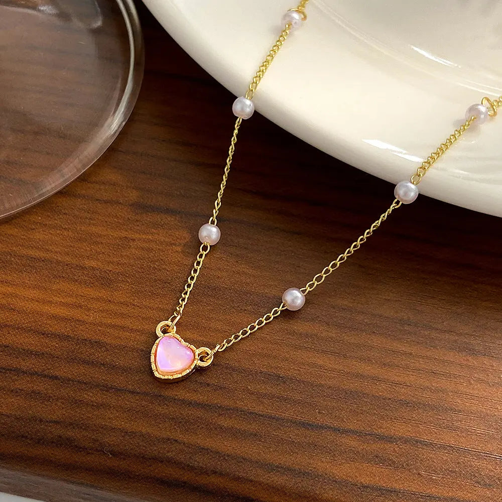 Pretty Pink Heart And Pearl Necklace