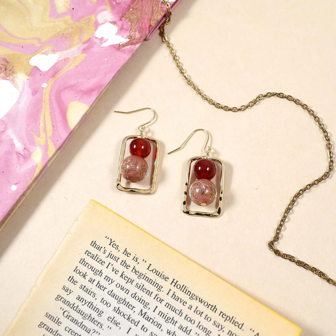 Red Transfer Stone Gold Lined Earrings