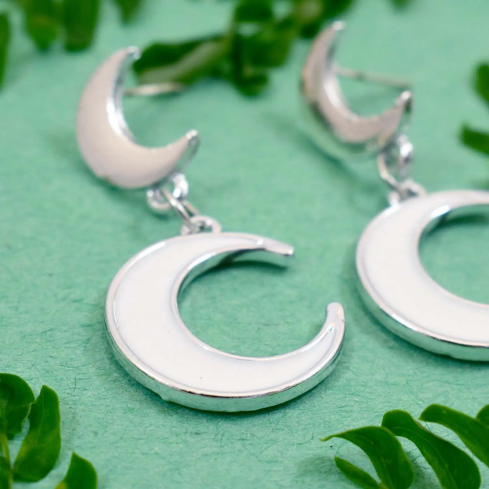 Satellite Silver Crescent White Earrings