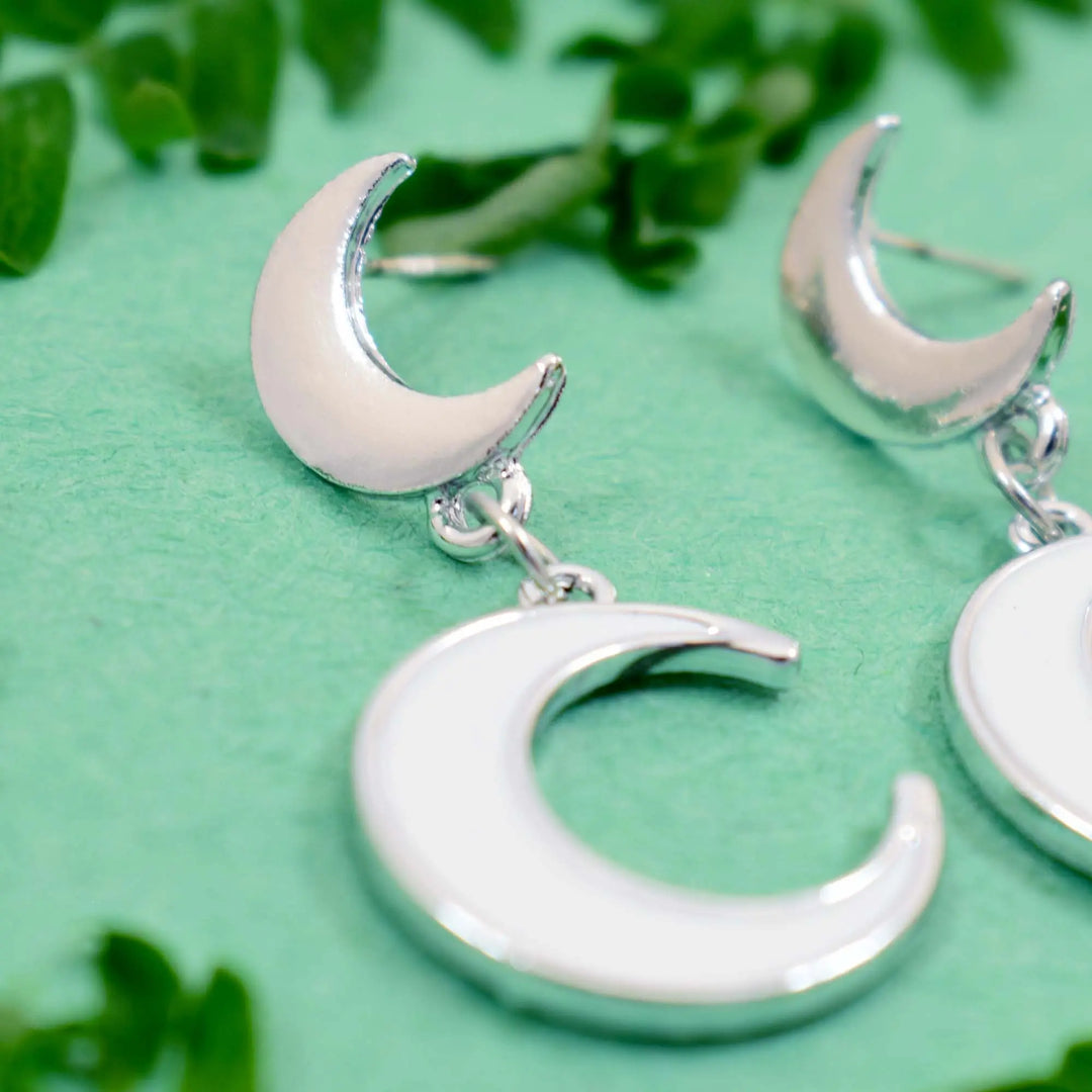 Satellite Silver Crescent White Earrings